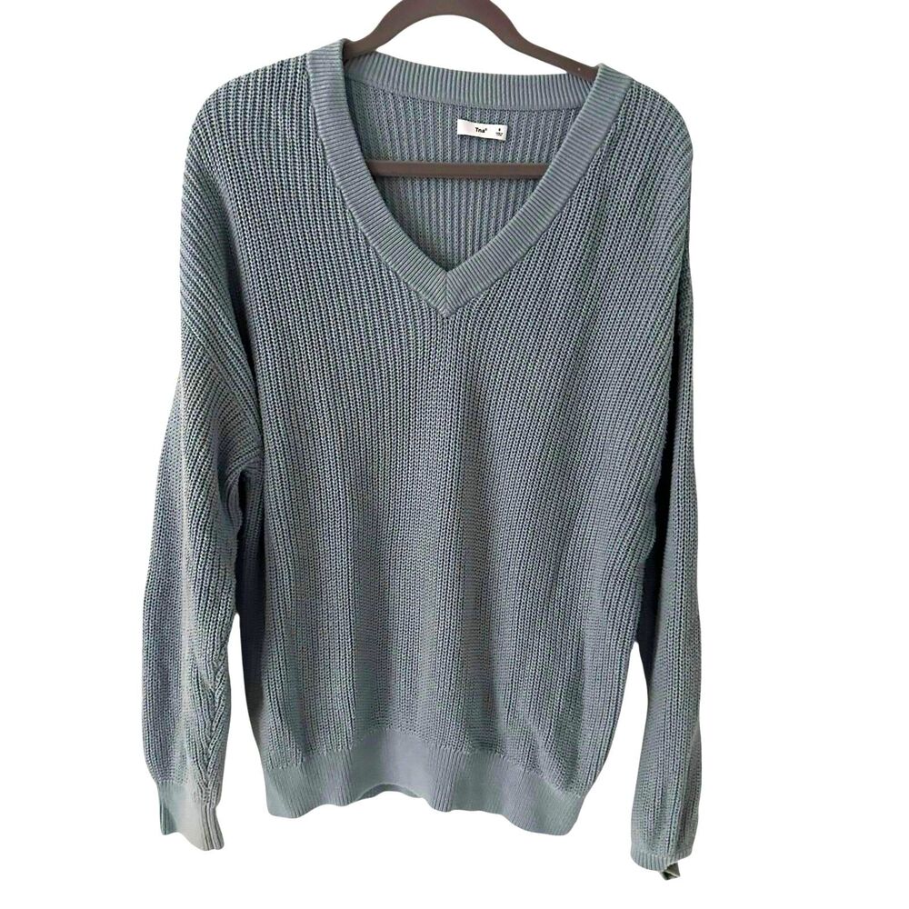 TNA Light Blue V-Neck Cotton Stretchy Knit Oversized Sweater Size S